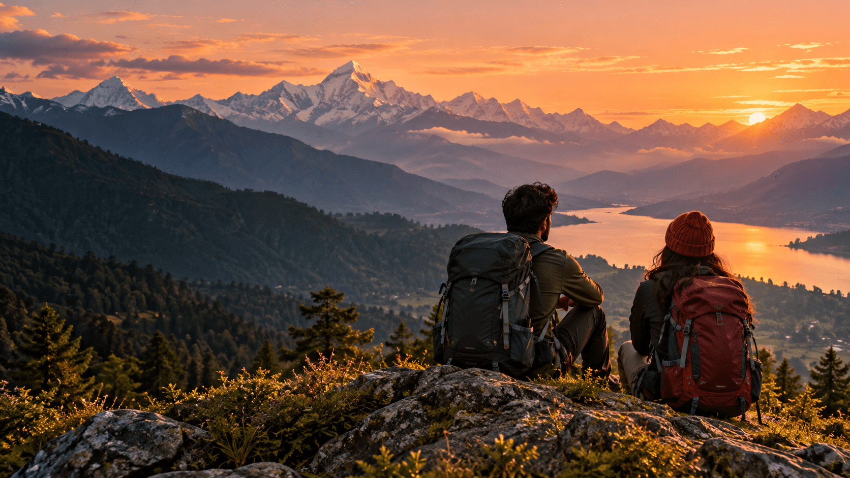 Two travellers watch the sunset over a mountain valley
