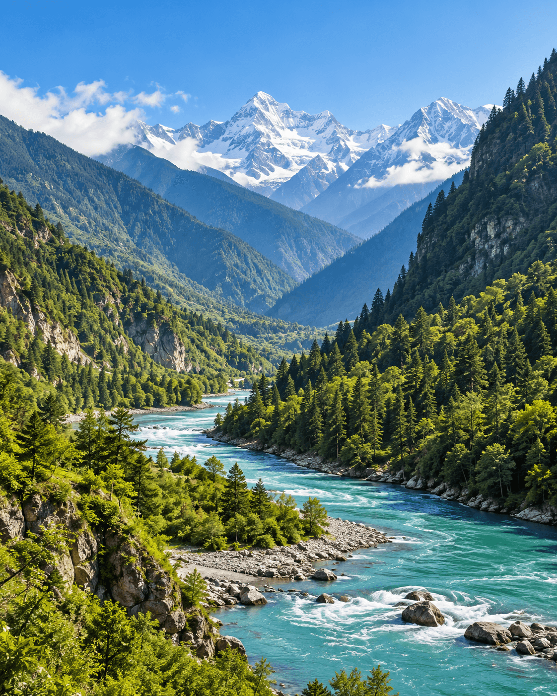 A green mountain valley with a turquoise river and snowy peaks